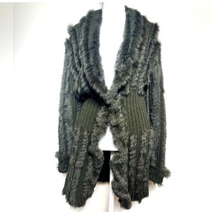 Rabbit Fur and Knit Brown Long Sweater Coat Cardigan Size S/M
